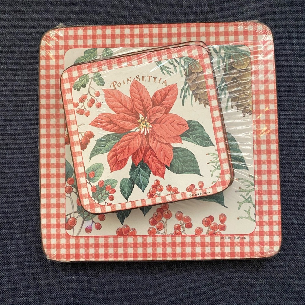 Christmas poinsettia and plaid coaster and trivet set NIP